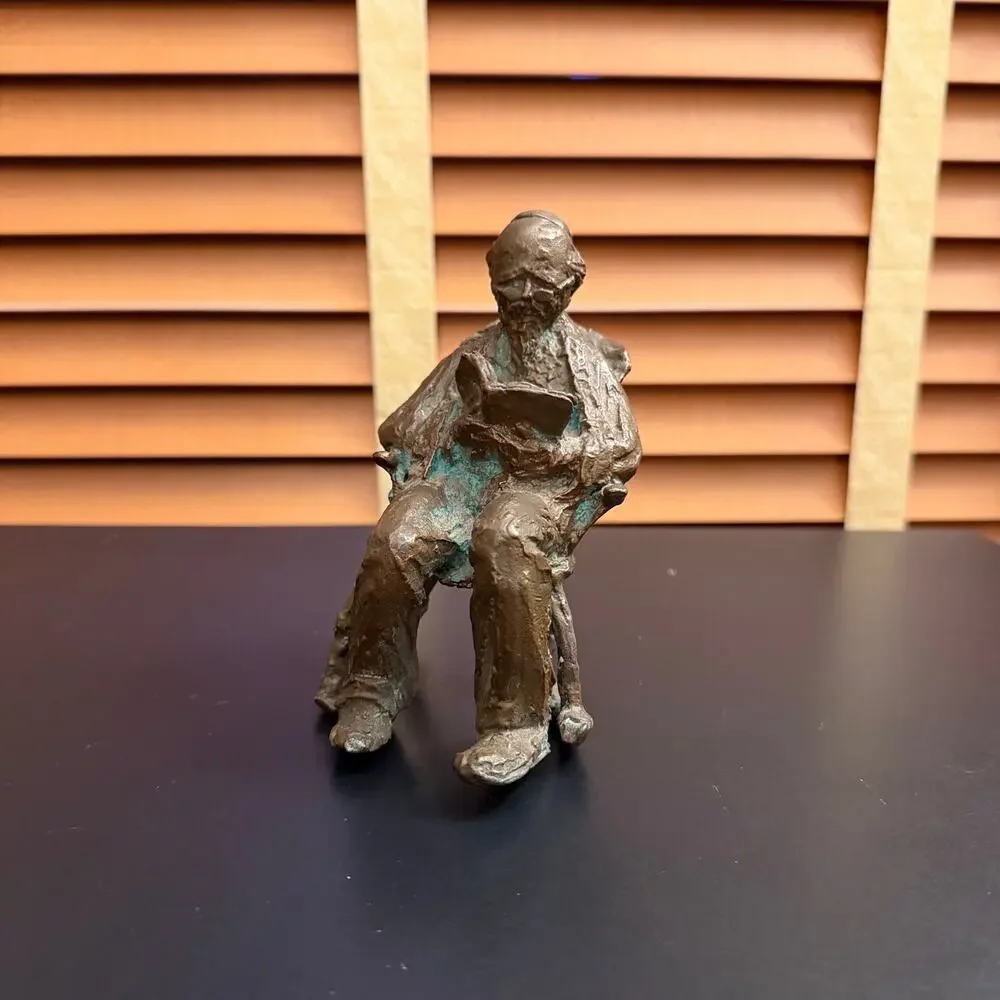 Vintage Heavy Brass Man Reading in Rocking Chair Sculpture